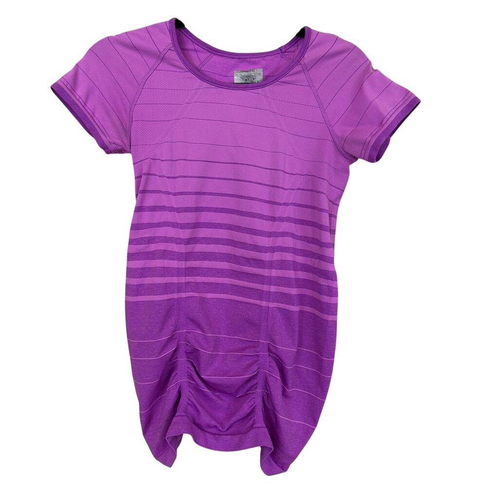 Athleta Pink Purple Striped Ruched Hem Short Sleeve Athletic Workout Top Small